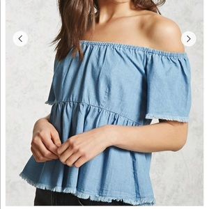 Zara off the shoulder chambray denim blue blouse